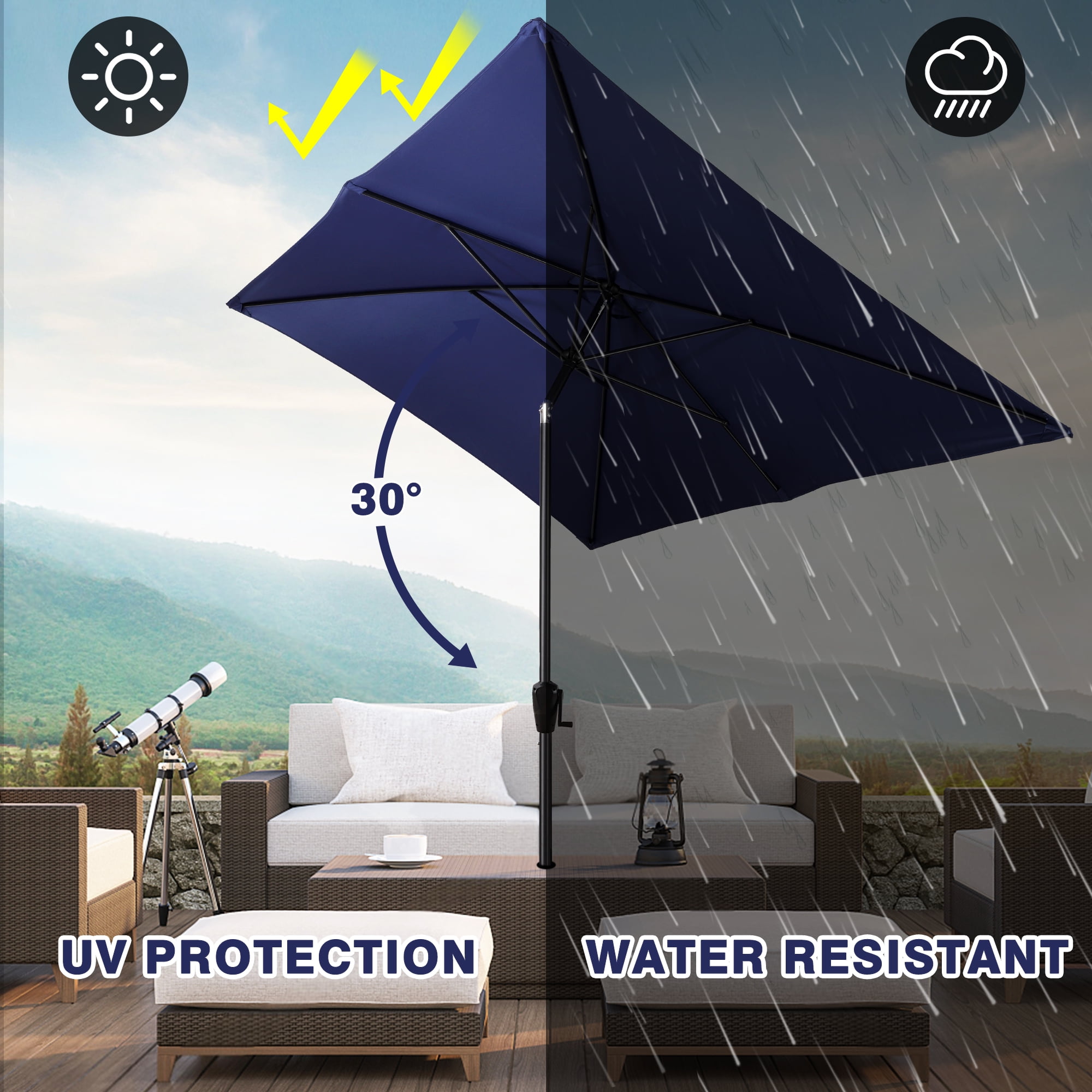 Sun-Ray 6.6x10 FT Rectangular Patio Umbrella with Push-Button Tilt and Hand Crank Canopy Lift, Table Umbrella with Solution Dyed Navy Fabric for Porch, Deck, Garden, and Swimming Pool, Navy
