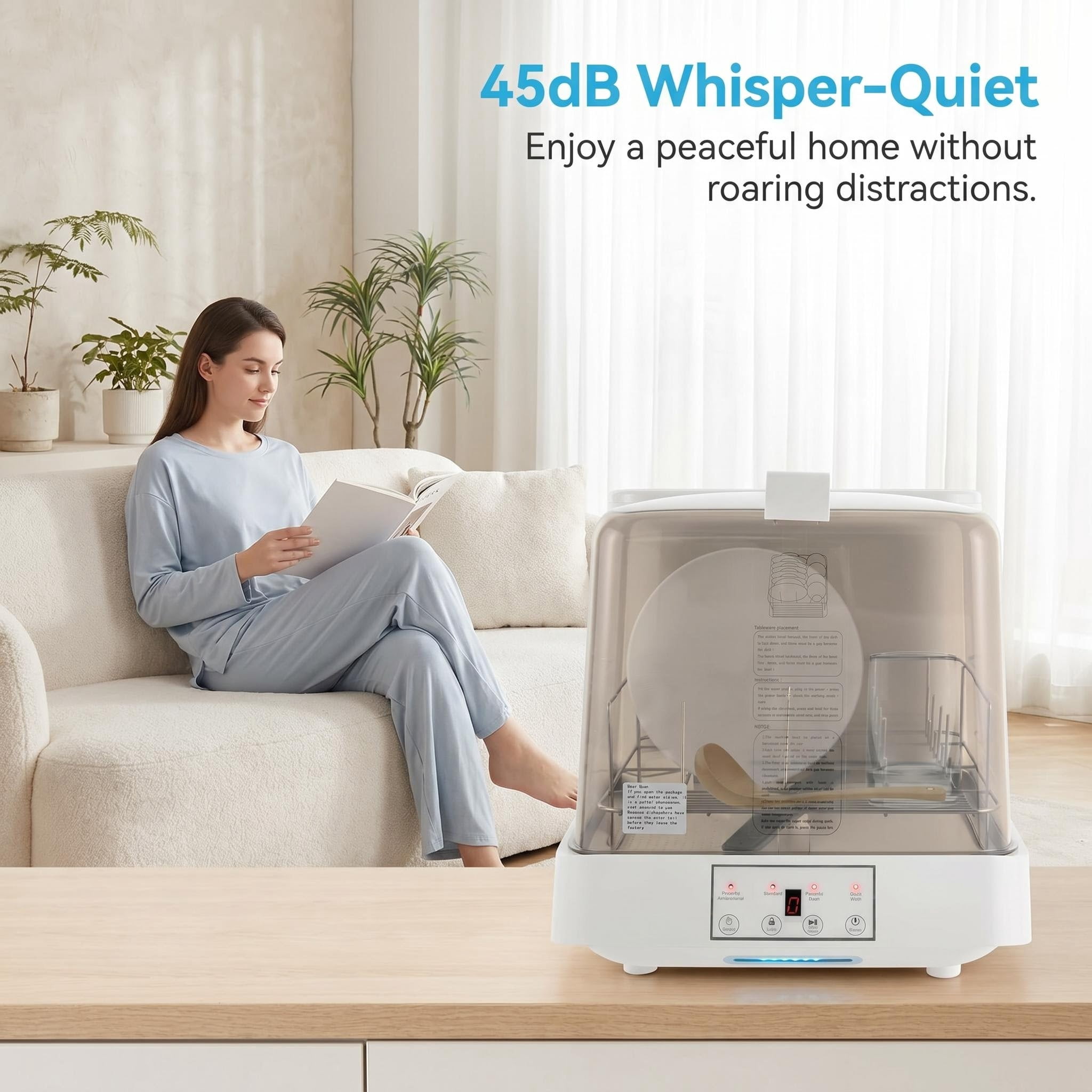 FUNGQI Portable Countertop Dishwasher with 1.59Gal Built-in Water Tank, 45dB Ultra-Quiet Mini Tabletop Dishwashing Machine with Child Lock, 3 Programs, Air-Dry for Apartments Dorms RVs, White