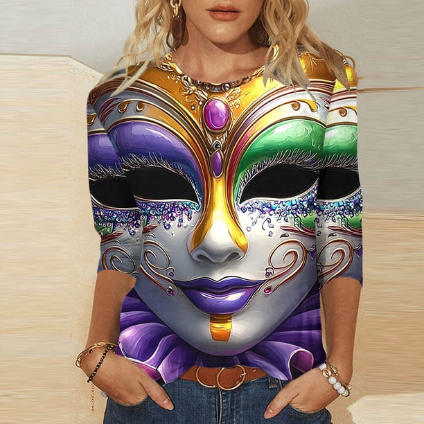 Xuyuer Carnival Style Print T-Shirt - Women's Fashion Loose Round Neck 3/4 Sleeve Top for Daily Wear, Festival Themed Outfits, Playful Seasonal Style & Streetwear Statement Piece
