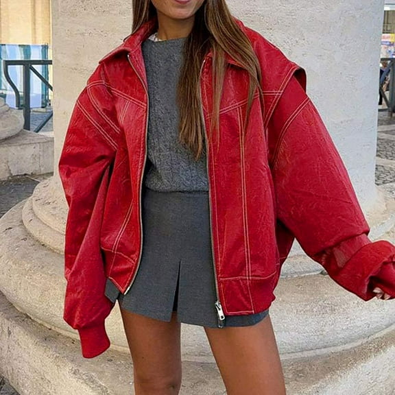 Spring And Autumn Winter New Women's Clothing European And Fashion Red Versatile PU Jacket Coat Womens Fashion for Work Womens Casual Jackets And Hoodies Women Hooded Jacket Fall Women Winter Jacket