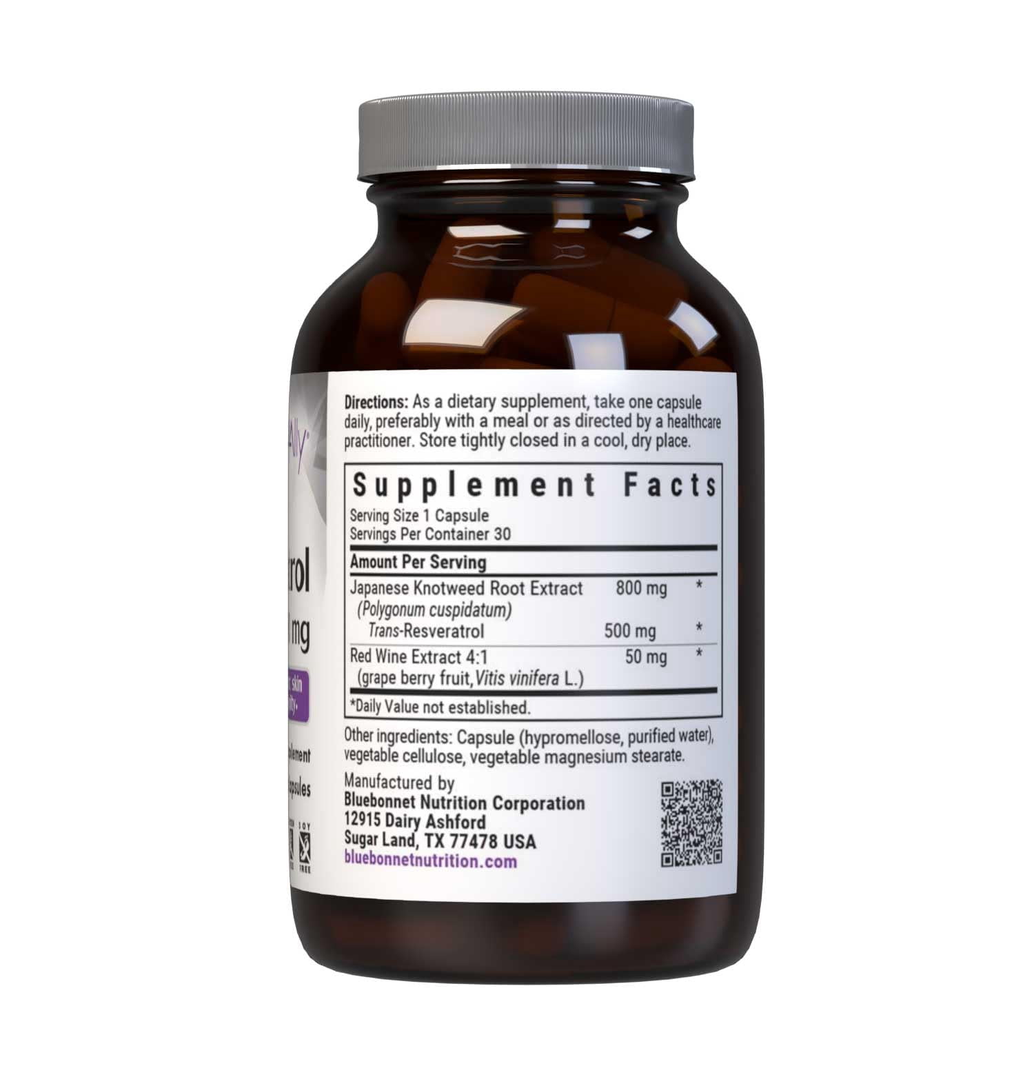Bluebonnet Beautiful Ally Resveratrol 500mg, Protect Skin Integrity*, 30 Vegetable Caps