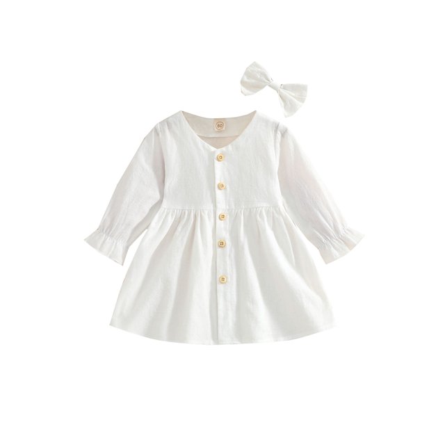 FOCUSNORM Tenues d'Automne 2 Pcs pour Filles Tout-Petits, Robe Boutonnée Col en V + Nœud pour Cheveux