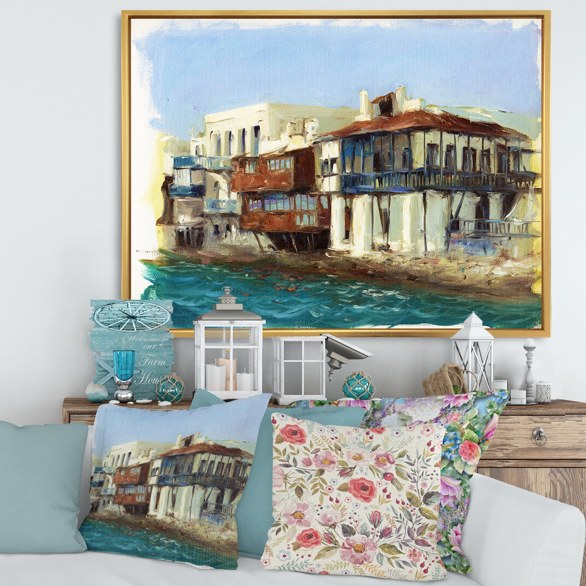 Designart 'Impression Old Houses On The Island of Mykonos Greece' Nautical & Coastal Framed Canvas Wall Art Print