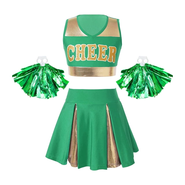 Raenseen Robe de Danse Cheerleading pour Filles Uniforme de Chef de Cheerleading avec Balle à Franges Tenues de Fête Déguisement Vert 6