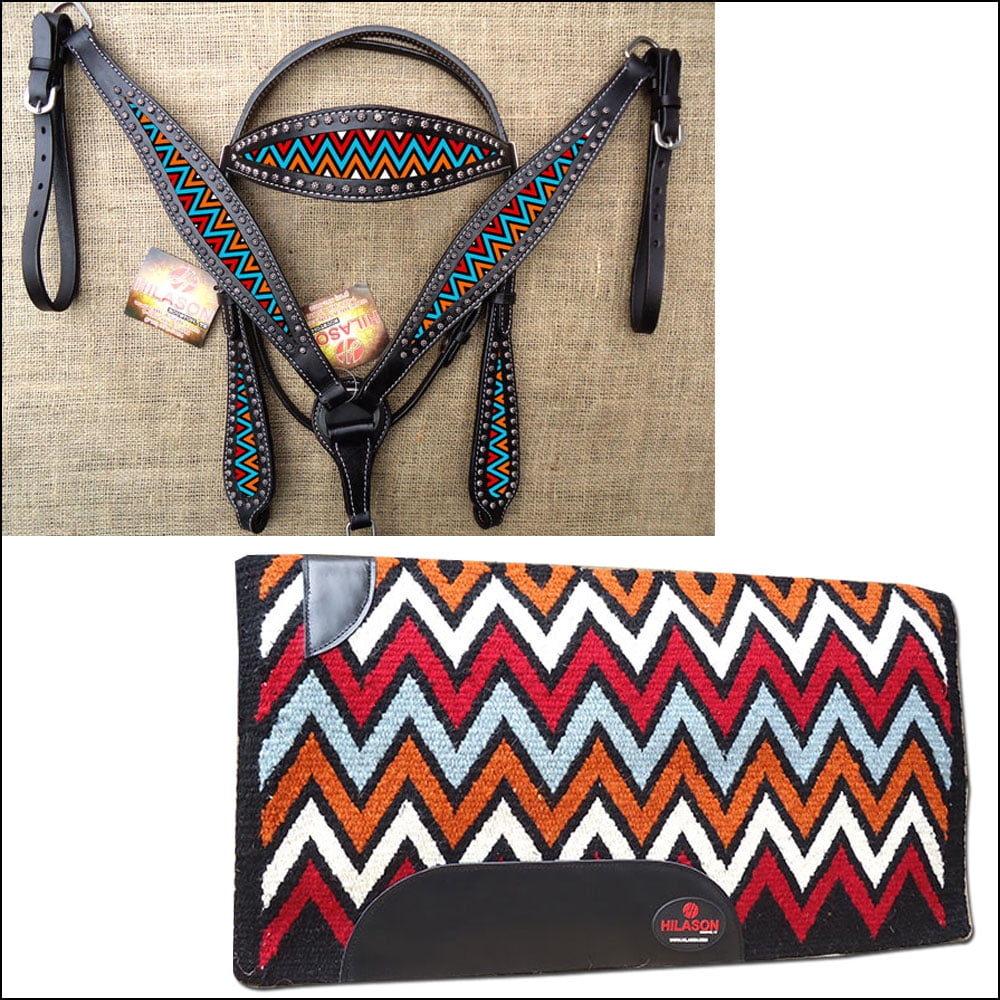 Western Horse Headstall Breast Collar Set American Leather Saddle Pad