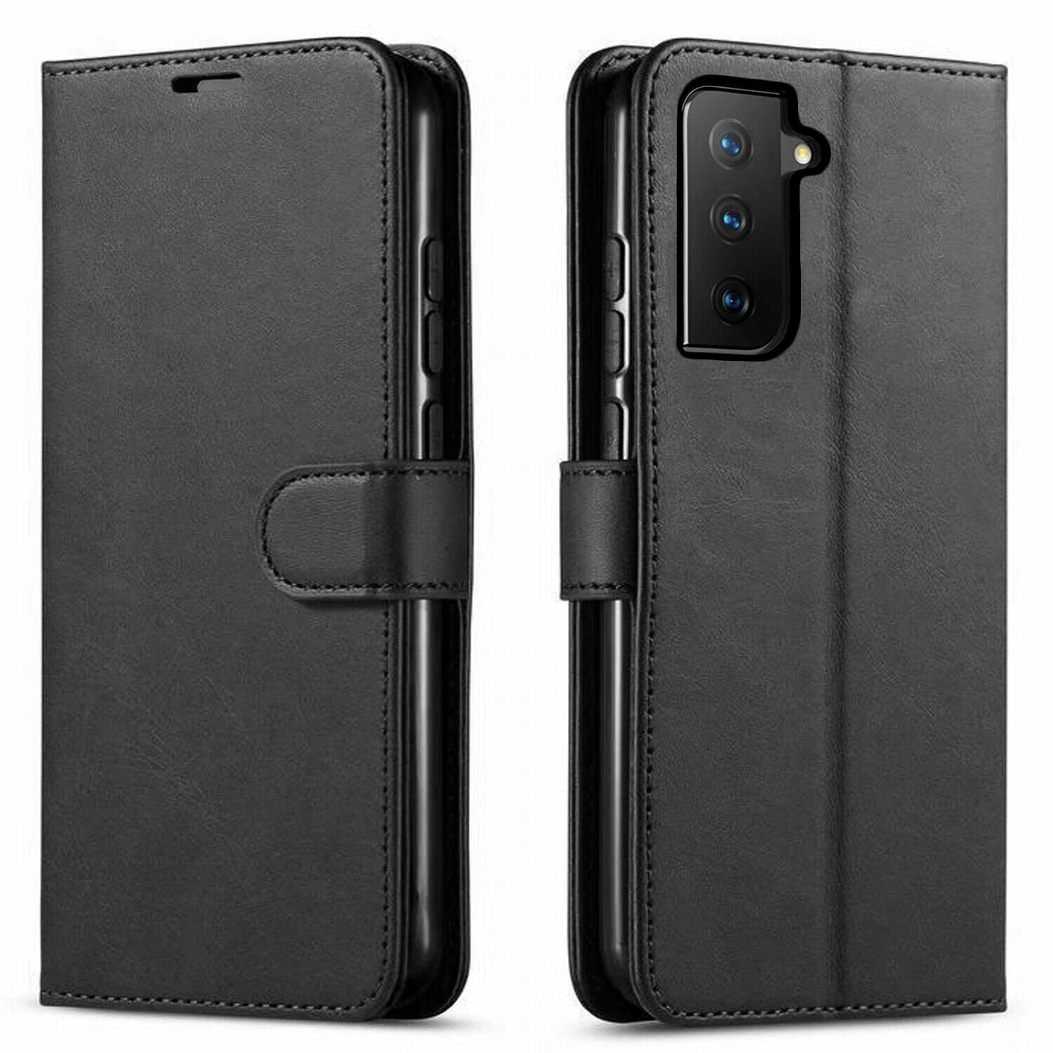 Samsung Galaxy S21 Case, Included [Tempered Glass Screen Protector], Starshop Premium Leather Wallet Pocket Credit Card Slots-Black