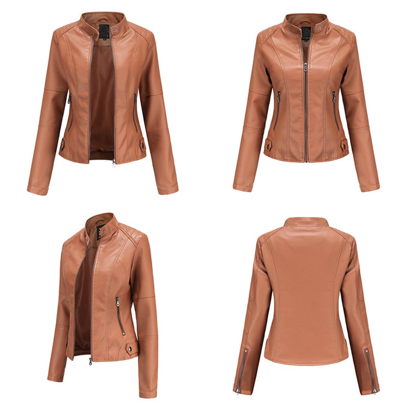 Dezsed Women's Faux Leather Belted Motorcycle Jacket New Ladies Slim Leather Stand-Up Collar Zipper Stitching Solid Color Jacket Brown L