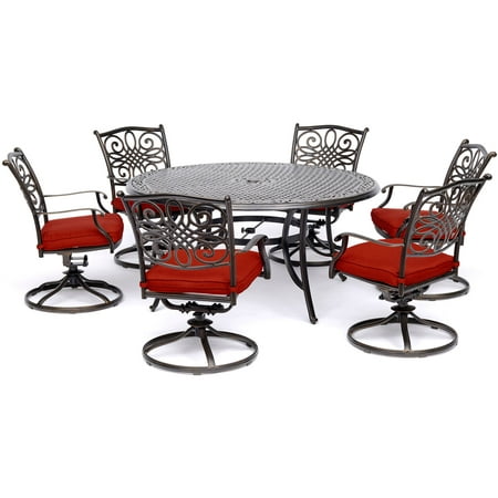 Hanover Traditions 7-Piece Outdoor Dining Set with Round Cast-Top Table and 6 Swivel Rockers