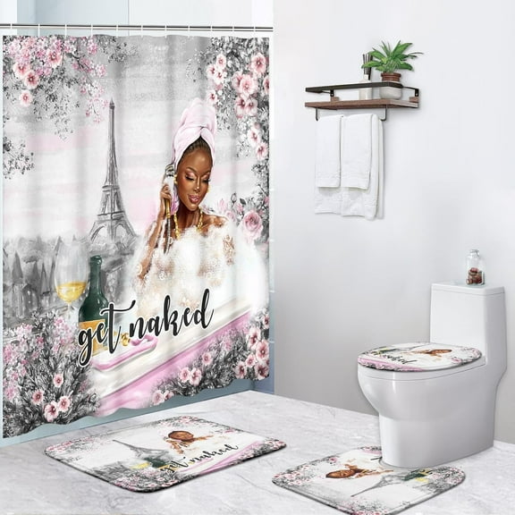 4 Piece Shower Curtain Set, Rose Flower African Black Woman Waterproof Bathroom Set Accessories with Non-Slip Rugs, Toilet Lid Cover Bath Mat and 12 Hooks, Summer Pink Paris Home Decor 72" x 72"