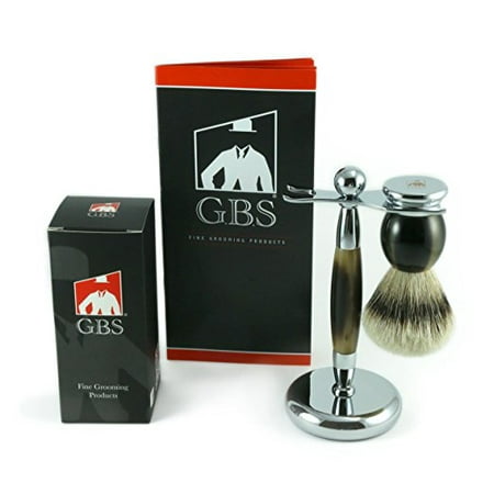 GBS Men's Grooming Set with horn Shaving brush and Razor stand and Silvertip badger Horn