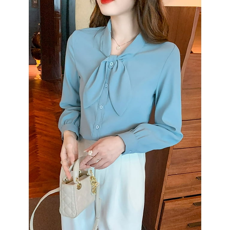 DanceeMangoo Bow Tie Tops Women Korean Style Design Clothes Long Sleeve  Elegant Office Lady Cute Spring Sweet Basic Shirts Blouses