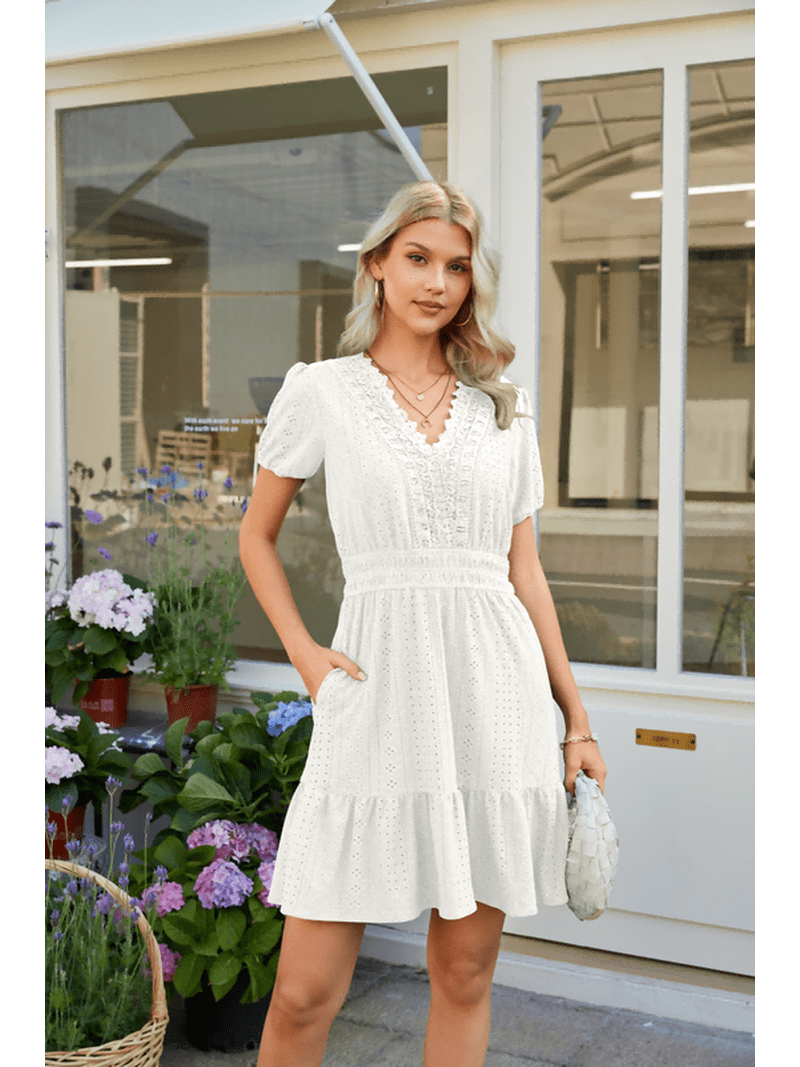 Naytoao Women's White Eyelet Lace V-Neck Puff Sleeve Ruffle Hem Mini Dress, Casual Summer A-Line Swing Dress, Size: Large