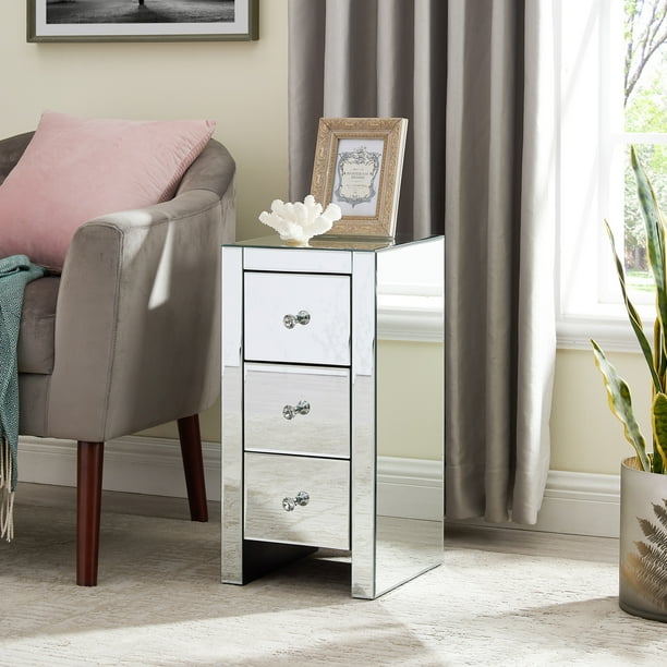 Mirrored Nightstand With 3 Drawers Silver Side End Table Furniture For Small Narrow Space Bedroom Living Room Storage Modern Decor Glasses Bedside Com Mirrored Nightstand With 3 Drawers, Small Mirrored Nightstand For Bedroom
