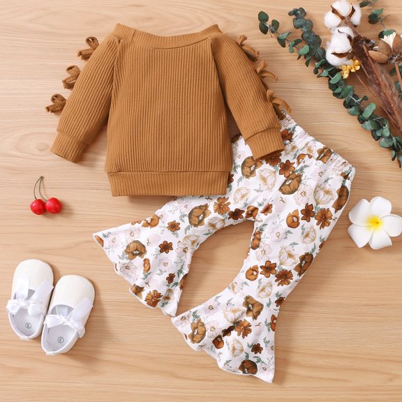 PatPat Ensembles de Vêtements pour Bébés Filles, Vêtements pour Nourrissons 2 Pcs Haut à Manches Longues Côtelé Uni avec Nœud et Pantalon Évasé à Imprimé Floral
