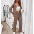 thumbnail image 2 of Traje de salón Waffle de 2 piezas para mujer, abrigo de cuello redondo de manga larga de Color puro, pantalones rectos de cintura alta, informal holgado para el hogar, 2 of 7