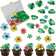 83 Pcs Tropical Turtle Shell Cupcake Decorations Hawaiian Themed Wedding Birthday Party Cake Plugins with Green Leaves and Colorful Flowers