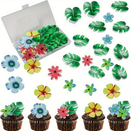 83 Pcs Tropical Turtle Shell Cupcake Decorations Hawaiian Themed Wedding Birthday Party Cake Plugins with Green Leaves and Colorful Flowers