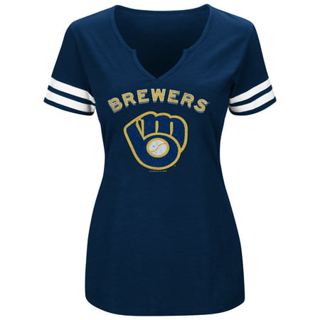 Women's Majestic Navy/White Milwaukee Brewers Decisive Moment V-Notch (Best Brewery T Shirts)
