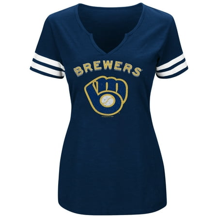 Milwaukee Brewers Bedding - Women's Majestic Navy/White Milwaukee Brewers Decisive Moment V-Notch T-Shirt