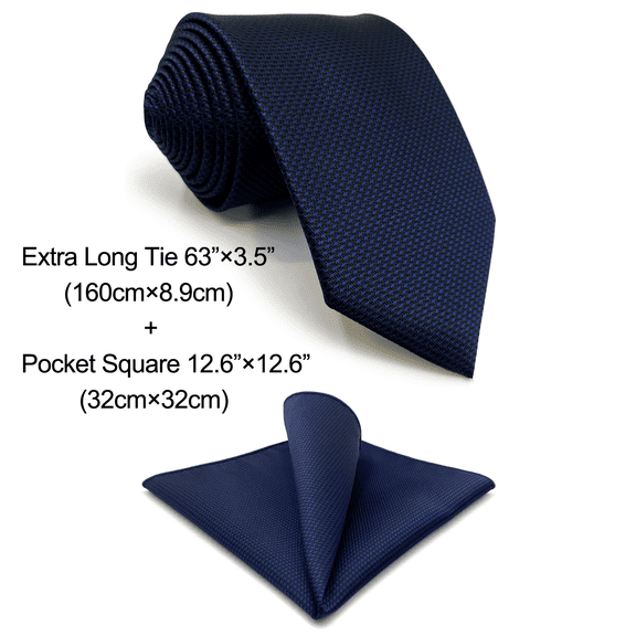 Silk Ties for Men Neckties Pack Navy Dark Blue Solid Extra Long Size 63" with Pocket Square