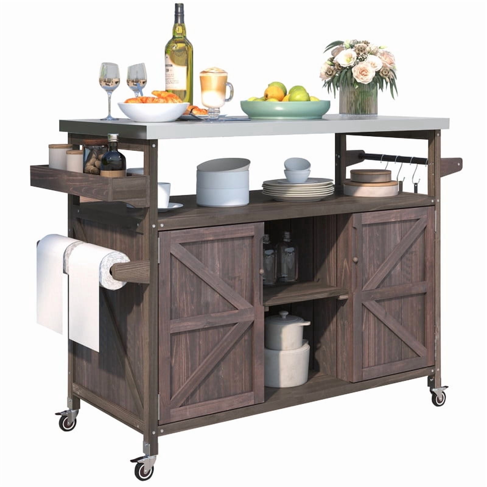 Outdoor Kitchen Island with Stainless Steel Top, Wood Grill Cart Storage Cabinet with Adjustable Shelf, Outdoor Grill Table with Spice Rack & Towel Rack