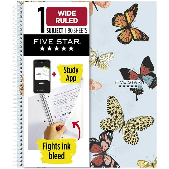 Five Star Butterlies Notebook Plus Study App, 1 Subject, Wide Ruled, 8" x 10.5"