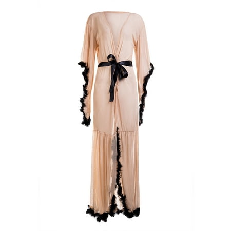 

Women Lace Long Sleeve Plush Robe Luxury Kimono See Through Extra Long Babydoll Nightgown Dress