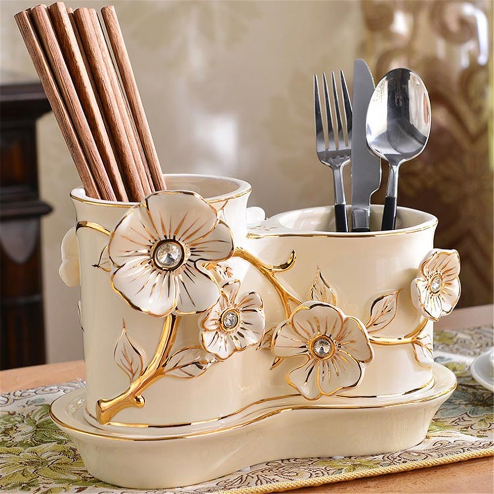 Ceramic Utensil Holder Household Utensil Organizer Drain Rack with 2 Divided Compartments