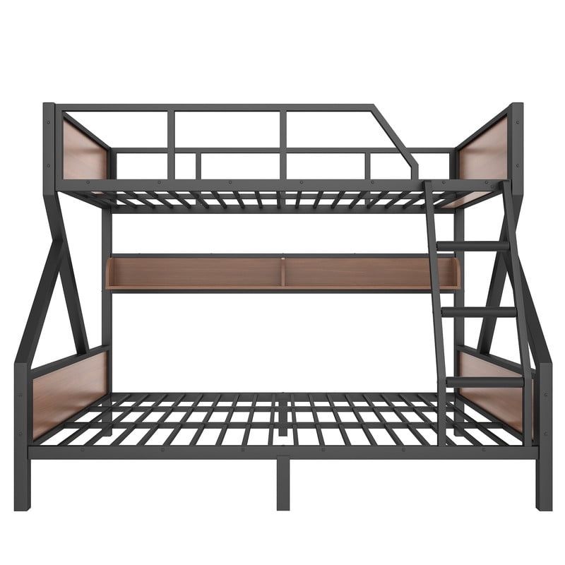 Full XL over Queen Size Metal Bunk Bed, Kids Teens Chic Bed Frame with Bedside Storage Shelves and LED Light Strip
