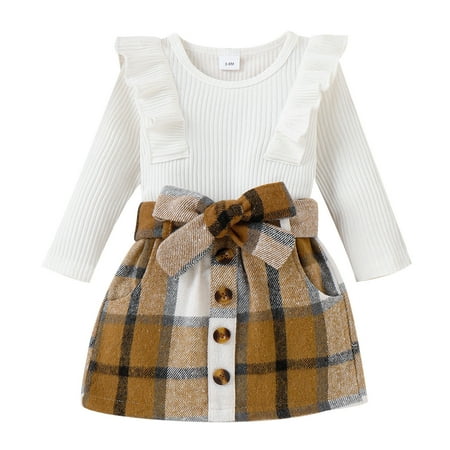 

Zlekejiko Girls Ruffles Long Sleeve Solid Ribbed Romper Plaid Prints Bow Tie Skirt Outfits