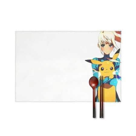 Placemats Cartoon Pokemon Lover Place Mats Set of 6, Cartoon Illustration of Funny Anime in Various Sizes And Sides Graphic, Washable Fabric Placemats for Dining Room Kitchen Table Decor