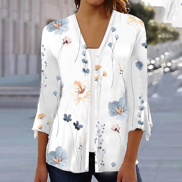 ICHUANYI Clearance Fashion Women Summer 3/4 Sleeve Cardigan Solid Color Casual Blouse Tops(Beige, L) ICHUANYI WER2023080705336