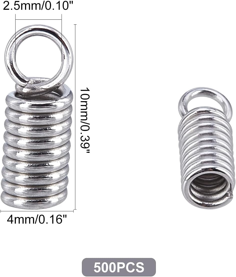 1000 pc 1000pcs Stainless Steel Coil Cord Ends 2.5mm Inner Diameter Mini Tube Cord Cap Tip Leather Cord Ends Caps 10mm Long Necklace Spring Fastener Crimp Clasp for Jewelry Making