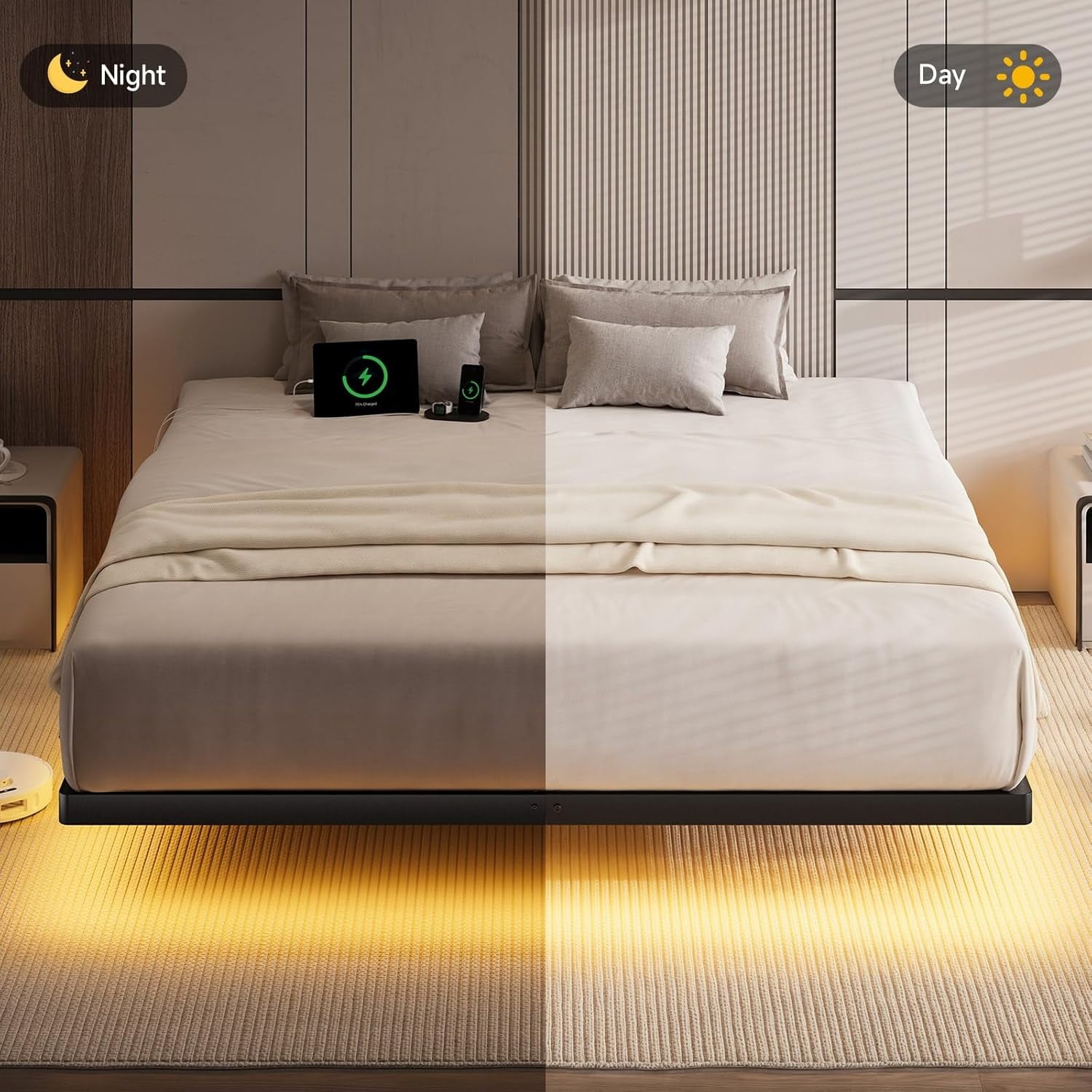 King Size Floating Bed Frame with USB Charging Station and Smart LED Lights, Heavy Duty Metal Platform Bed with Underbed Storage Space, Easy to Assemble, Noise-Free, No Box Spring Needed
