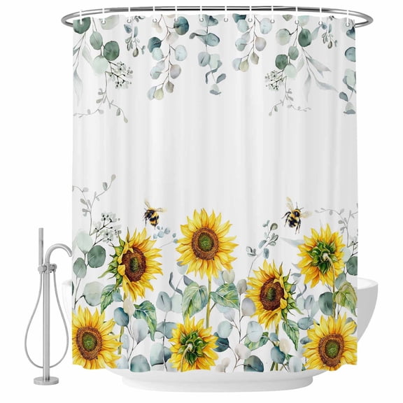 Sunflower Shower Curtain, Waterproof Shower Curtains for Bathroom, Sage Green Summer Botanical Eucalyptus Farmhouse Bee Washable Fabric Bathtub Curtain Set Bath Decor with 12 Hooks Extra Long 72"x96"