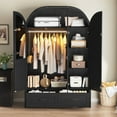 thumbnail image 6 of Arched 3-Door Wardrobe Armoire Closet with LED Motion Sensor Light & Half-Length Mirror, 47"W 71"H Wood Clothing Storage Cabinet with 2 Drawers, Hanging Rod & 5 Shelves for Bedroom, 6 of 10