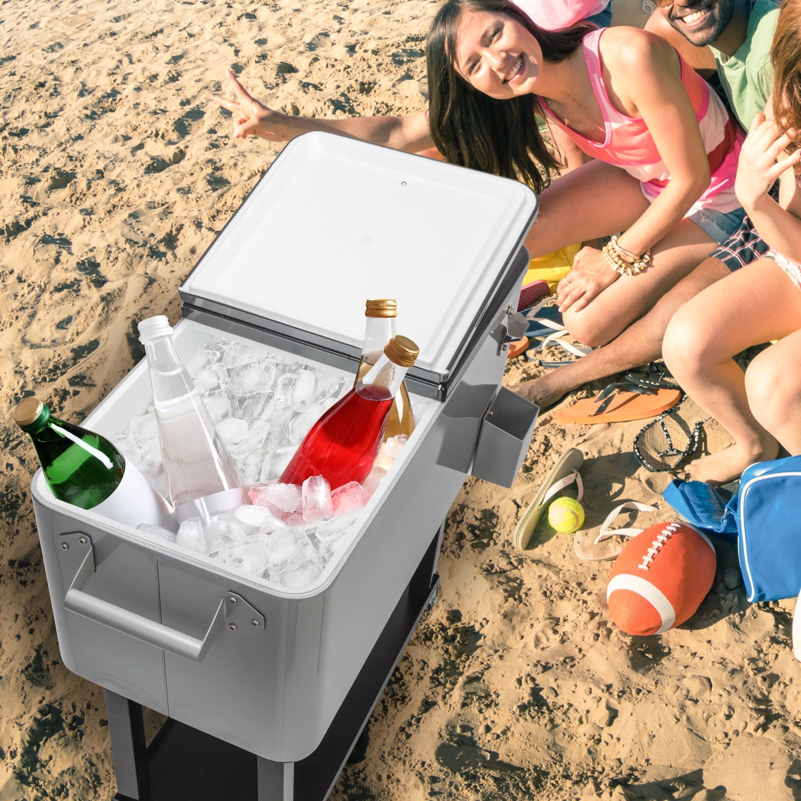 80 Quart Rolling Ice Chest, Portable Patio Party Bar Drink Cooler Cart, with Shelf, Beverage Pool with Bottle Opener