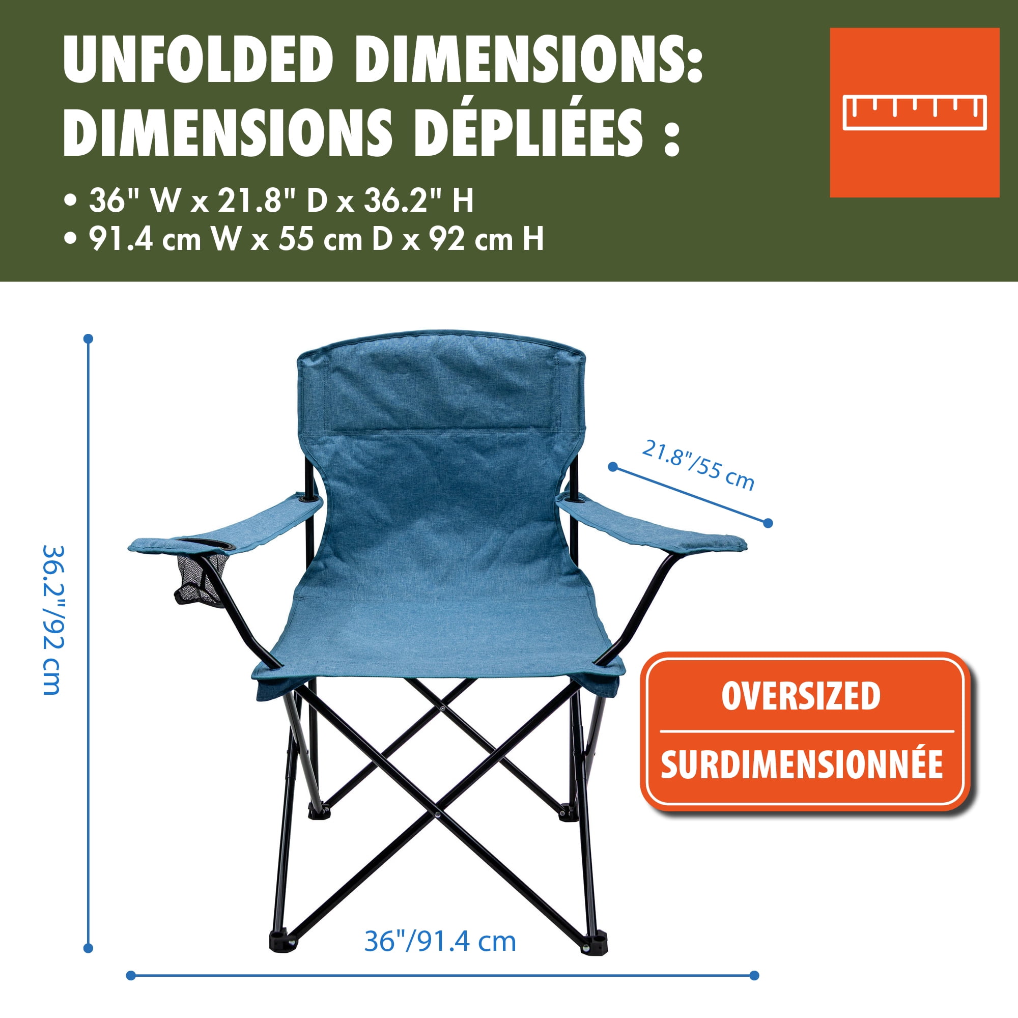Chaise Surdimensionnée Ozark Trail, Supporte Jusqu'à 113 kg, Polyester Vieilli 600D, Cadre en Acier