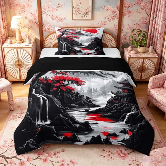 Manfei Ink Red Maple Fuji Twin Comforter Sets for Girls Women, Temple Waterfall Bedding Set, Black Red Gray, Black Reversible 2 Pieces, 1 Comforter and 1 Pillowcase