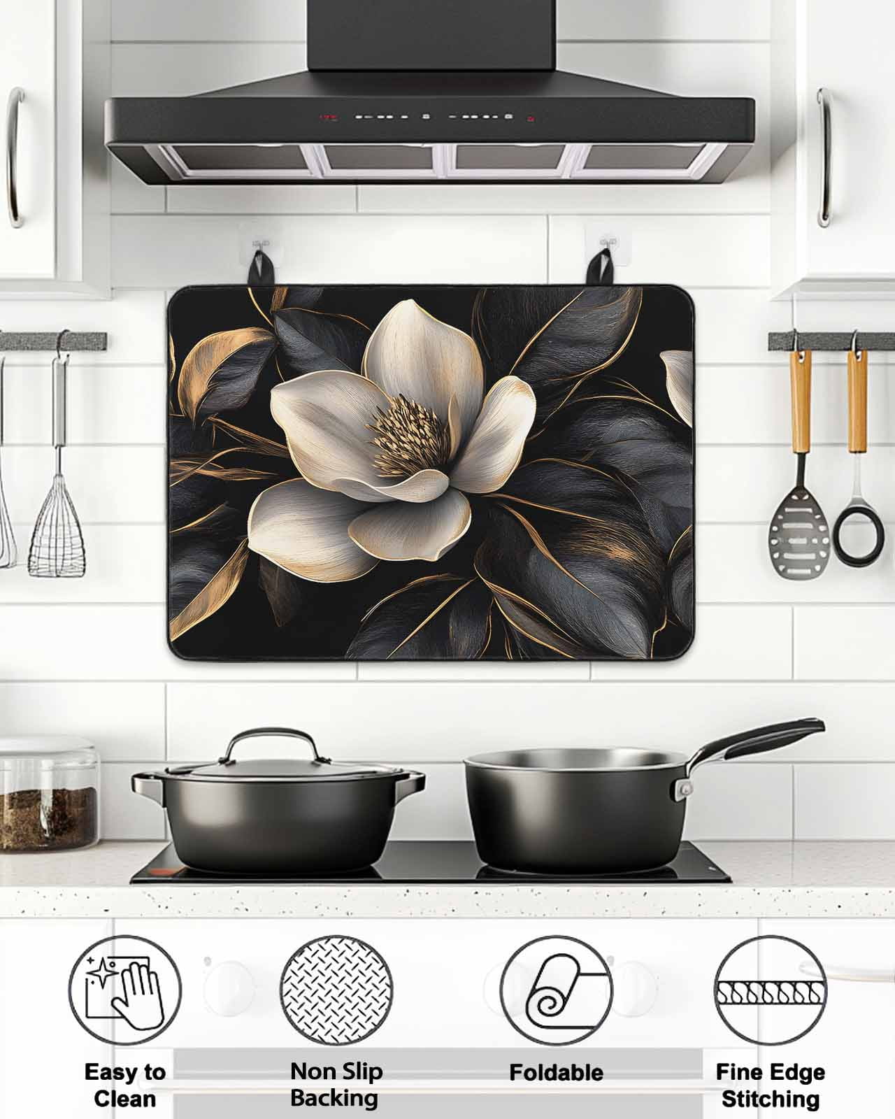 Stove Top Covers for Electric Stove, Black Gold Flower Glass Stovetop Cover Protector, Gradient Luxurious Floral Botanical Induction Cooktop Protector Oven Mat for Kitchen Countertop 28.5"x20.5"