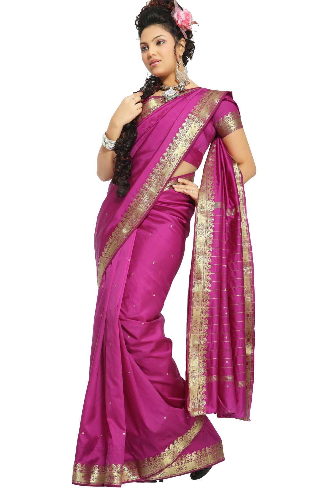 Violet Red Art Silk Saree Sari fabric India Golden Border - Walmart.com