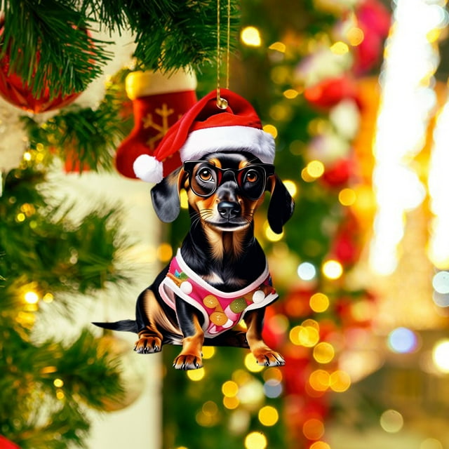 Dachshund Dog Pendant - 2D Acrylic Dachshund Dog Christmas Tree Hanging Ornament - 3.14 inch Rearview Mirror Hanging Accessories - Cute Dachshund Dog Backpack Accessories