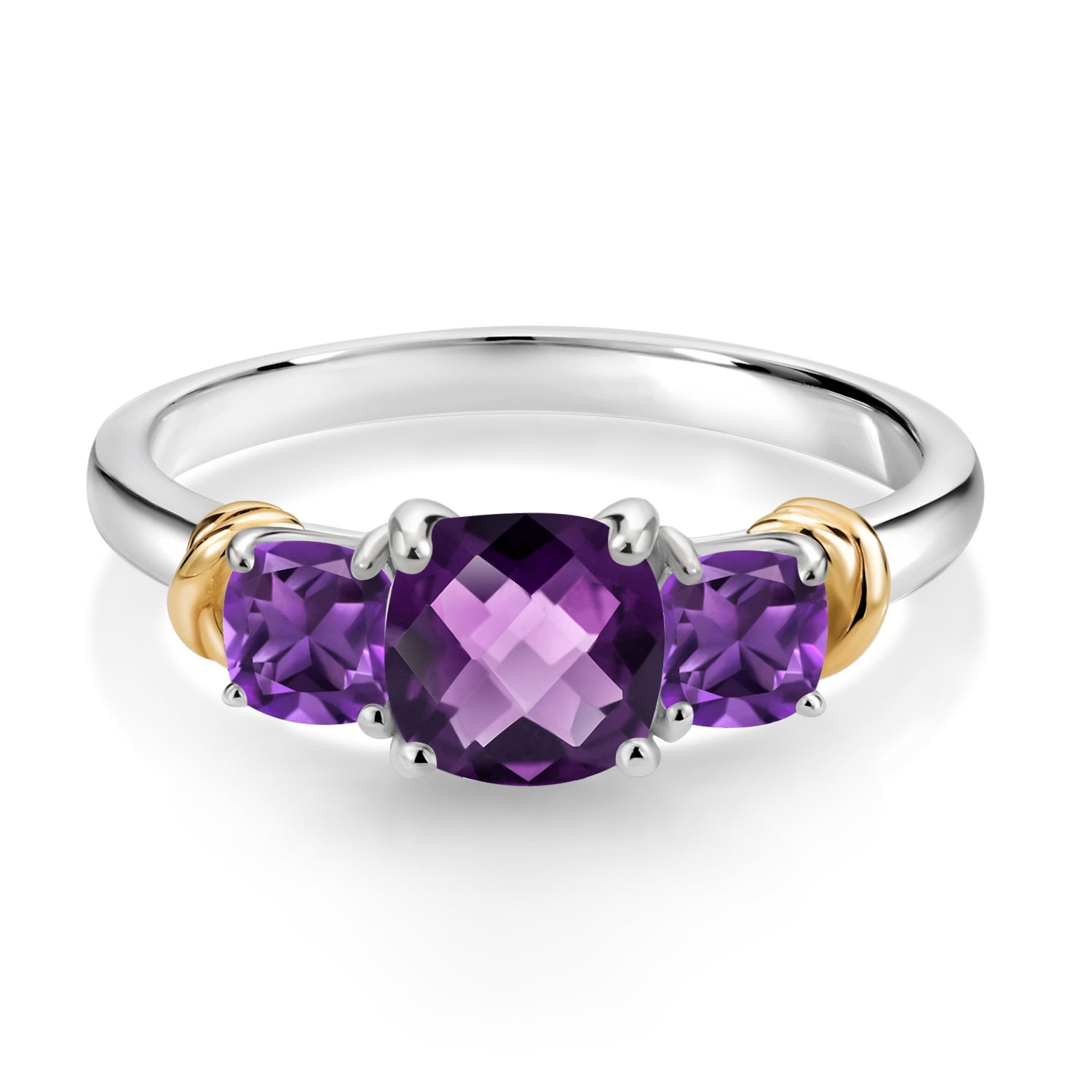Gem Stone King 925 Sterling Silver and 10K Yellow Gold Purple Amethyst 3 Stone Engagement Ring for Women (1.28 Cttw, Cushion Checkerboard Cut 6MM and 4MM, Available in Size 5, 6, 7, 8, 9)