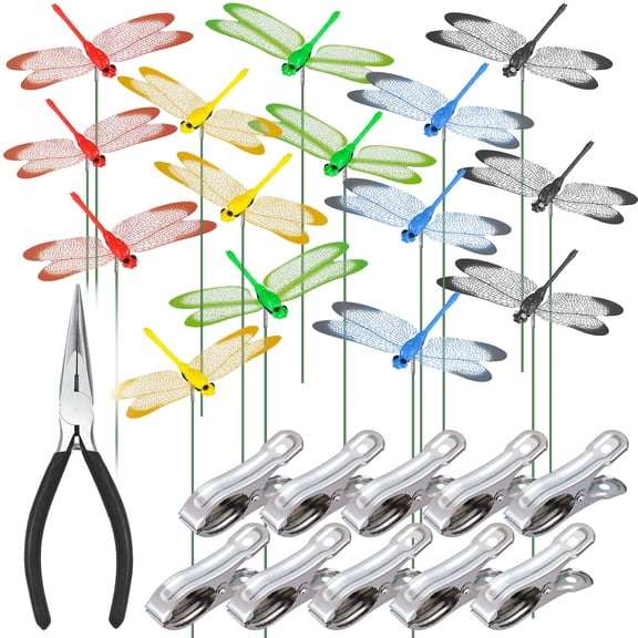 NiHome 15PCS Decorative Dragonfly Clips Decor for Garden, 9.8" Long Multicolor Waterproof Outdoor & Indoor Use, Versatile Clip-On Plant Decoration & Fly Deterrent, Includes Pliers for Easy Attachment