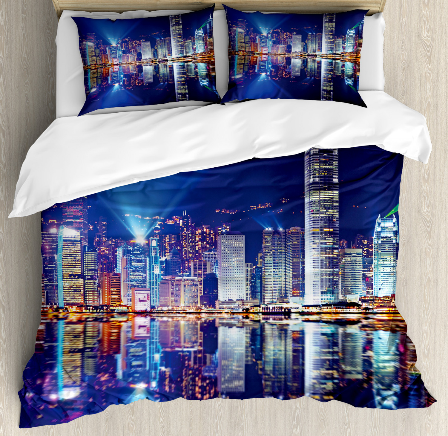 City Duvet Cover Set King Size, Hong Kong Island From Kowloon Vibrant