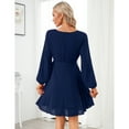thumbnail image 4 of Womens Skater Dresses Sexy V Neck Short Sleeve Tie Waist Solid Ruffle Boho Flowy Swing Mini Dress, 4 of 5