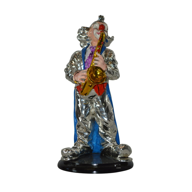 Clown Plays the Saxophone Resin Statue Silver finish - Size: 6L x 6W x  14H.