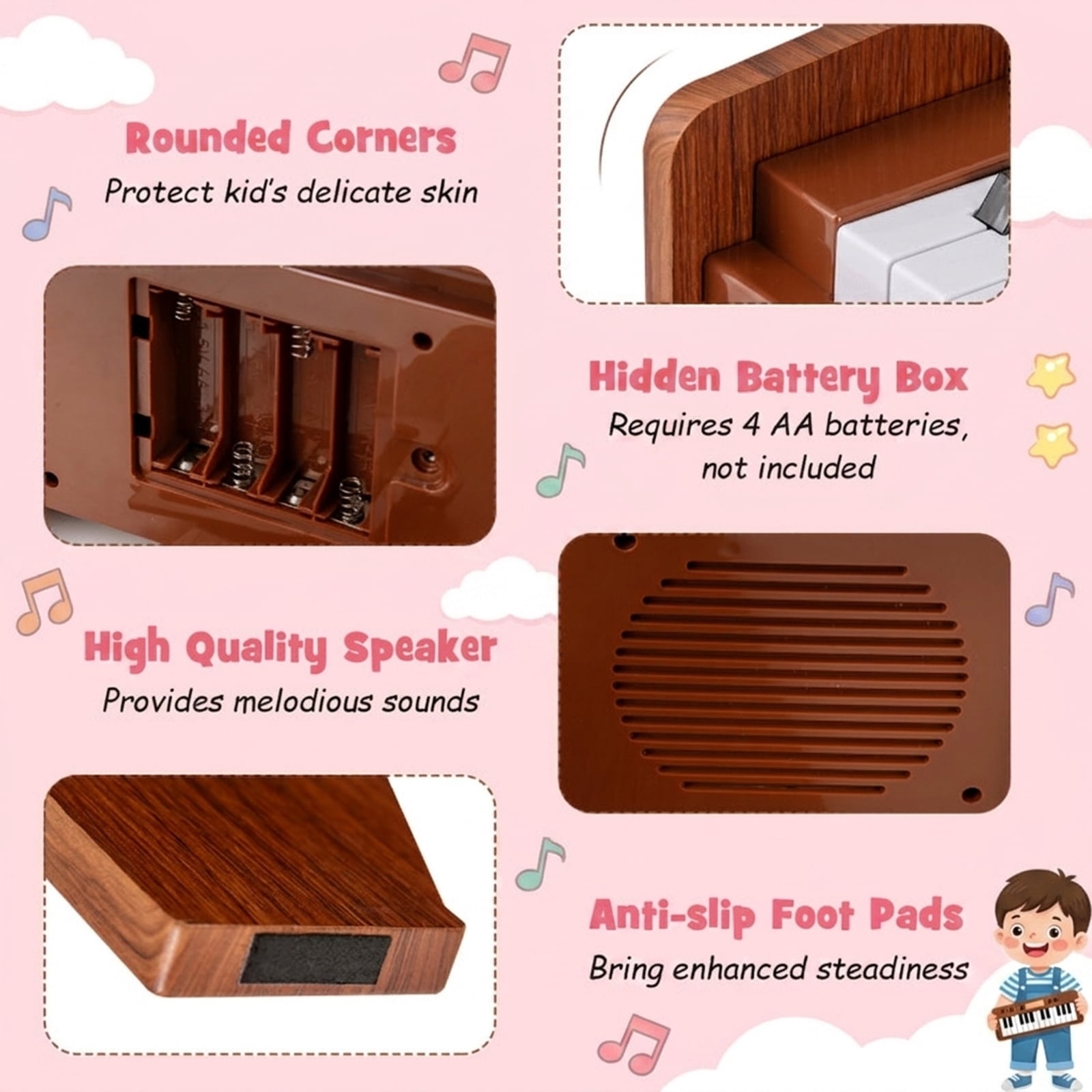 Redsmile 25-Key Kids Piano Keyboard with Adjustable Speed, Volume Control and Hidden Battery Box for Toddlers, Brown