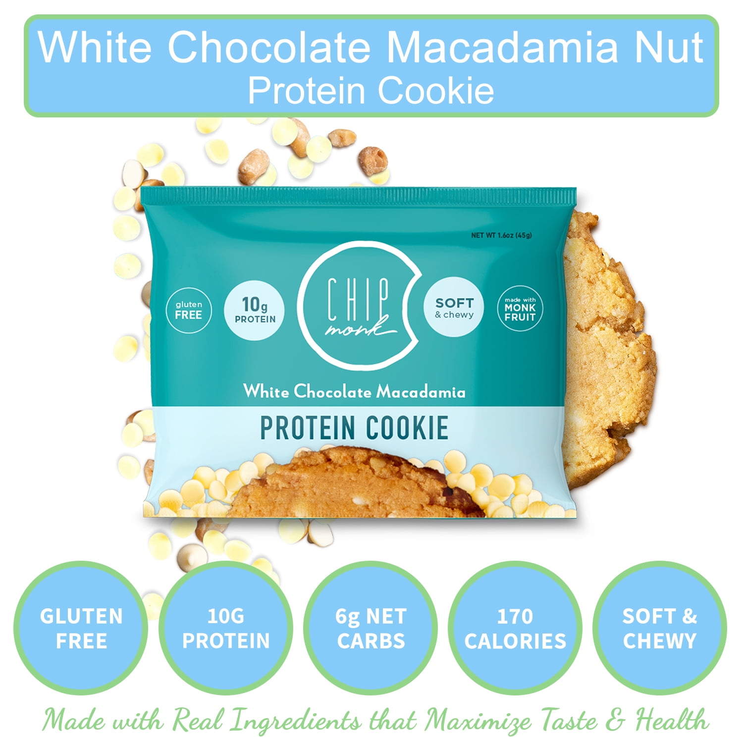 ChipMonk Baking, White Chocolate Macadamia Nut High Protein Cookies - Diet Friendly Gym Snacks, Meal Replacement Cookie, Gluten-Free, Healthy Low Sugar Sweet Snack - Balanced Nutrition Baked Desserts