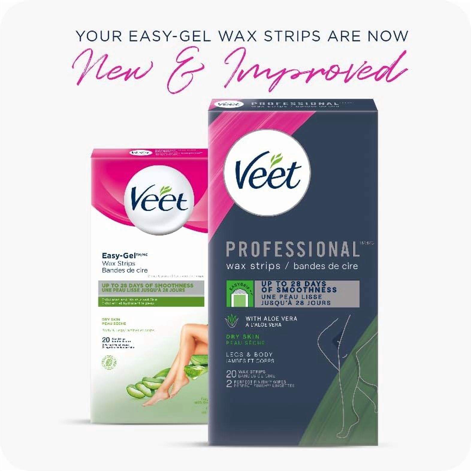 Veet® Easy-Gel™ Bandes de Cire pour Jambes et Corps, Peau Sèche, 40 unités + 4 Lingettes